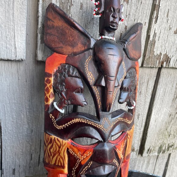 African Kenyan Tribal Multiple Face Mask with Elephant Hand Carved Wooden - Picture 3 of 6